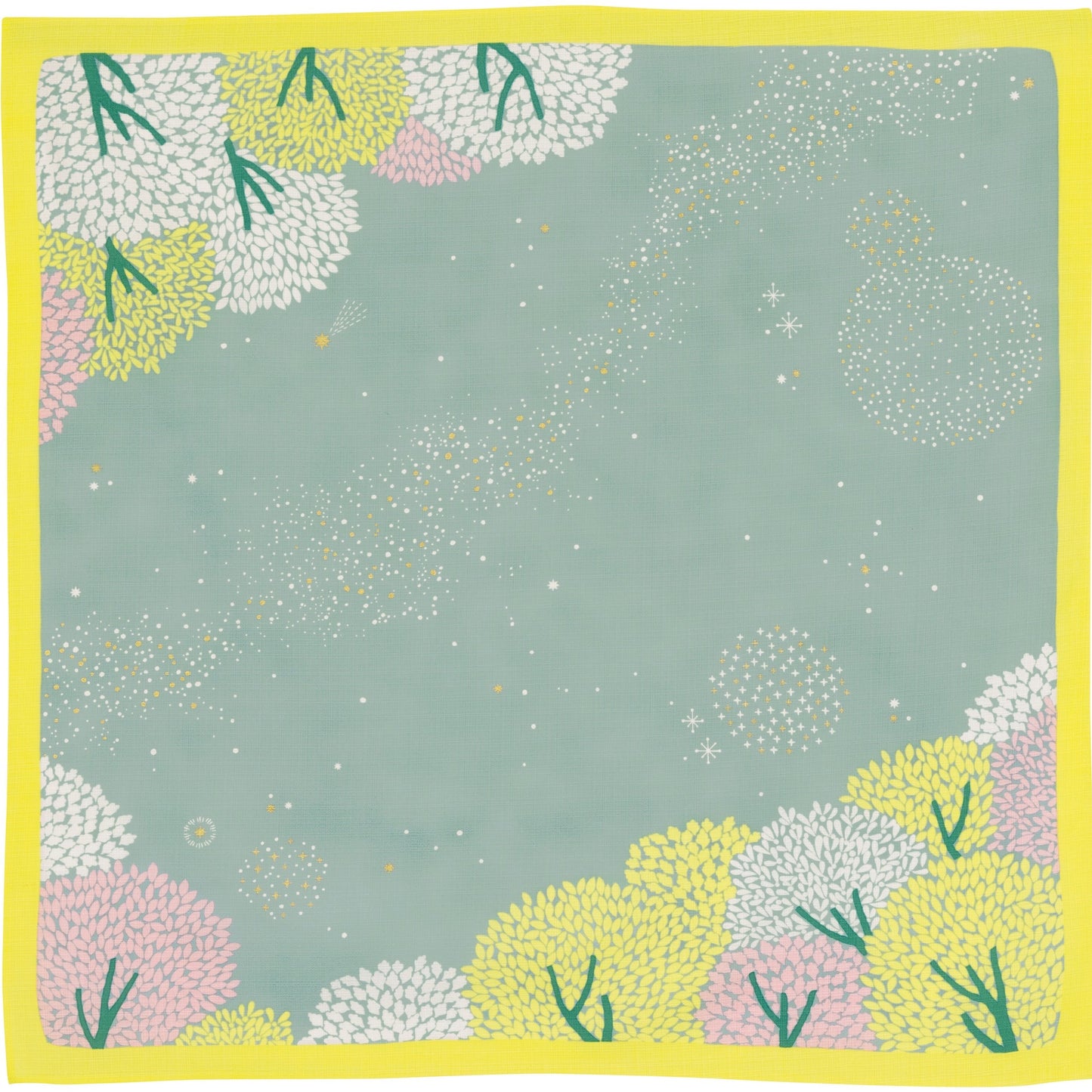 Flat lay top-down view of a square Japanese furoshiki cloth with a bright yellow border, a light sage green background, and a delicate pastel tree and stardust constellation pattern.