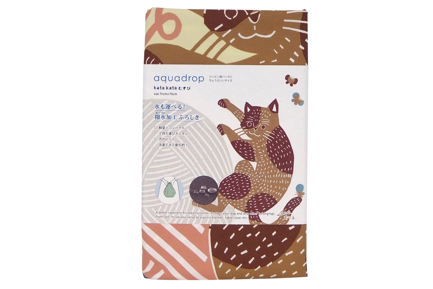 A packaged Aquadrop Furoshiki wrapping cloth by Kata Kata. The product is folded inside a branded sleeve that highlights its water-repellent properties, with a visible graphic of the brown spotted cat design and small icons demonstrating its use.