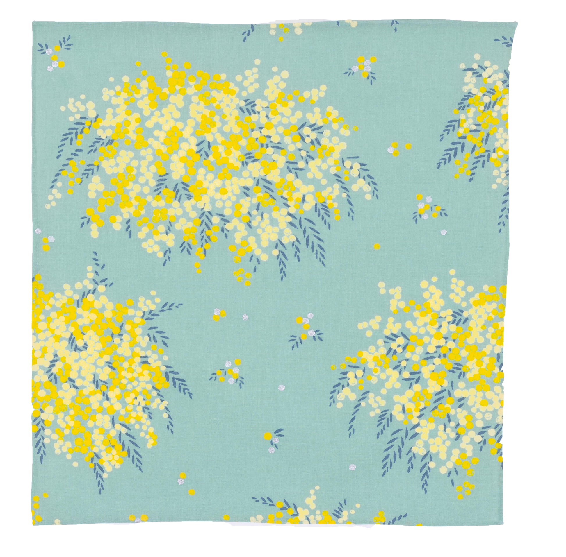 Flat lay view of a square Japanese furoshiki cloth featuring a bright yellow mimosa flower pattern printed on a mint green cotton background.