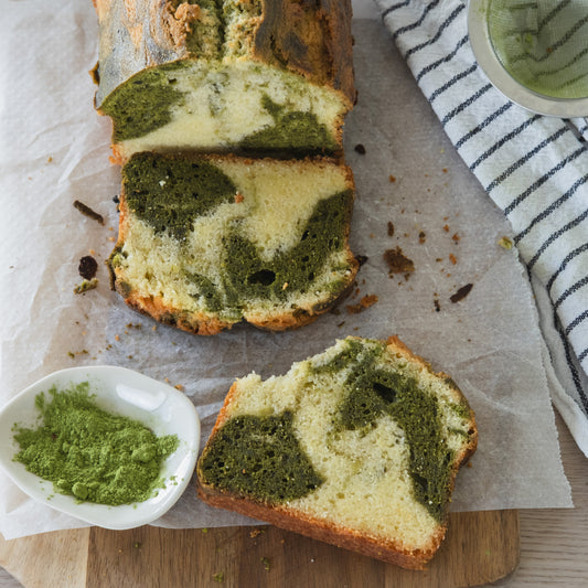 Matcha pound cake paired with the exact matcha used for baking