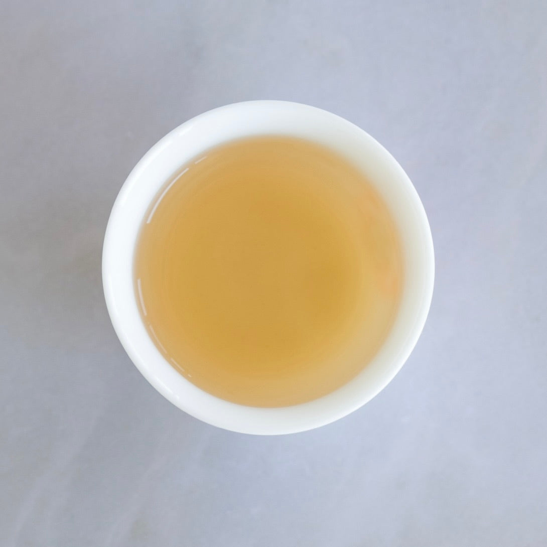 Clear infusion of Taiwanese GABA oolong tea served in a traditional white cup by Tea Studio Lu Switzerland